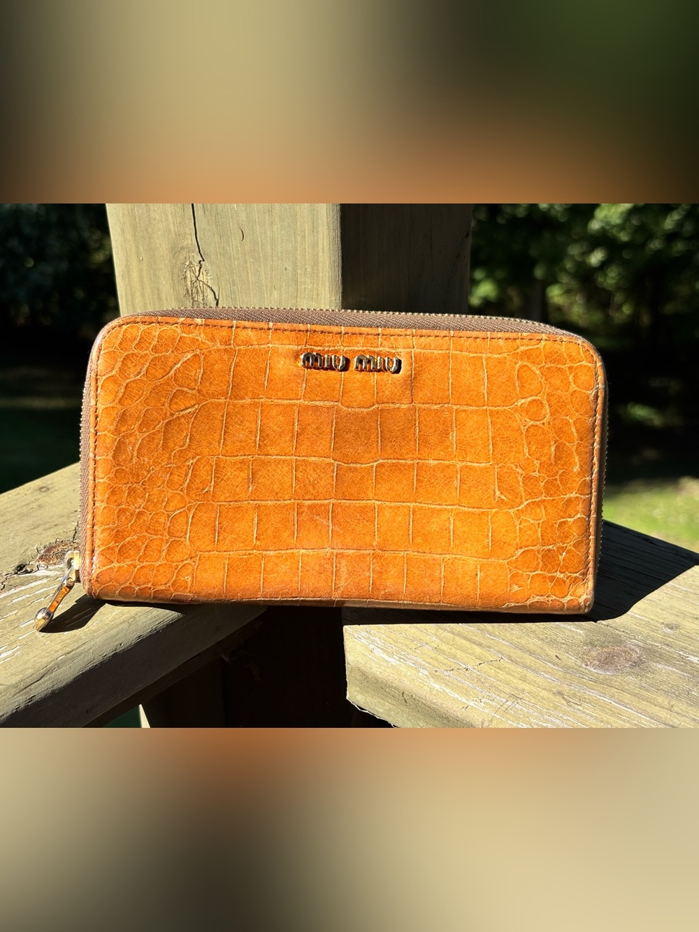 Miu Miu Orange Croc-Embossed Zip Wallet